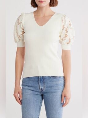 ELIE TAHARI Beige Ribbed Floral Lace Puff Sleeve Sweater Tee or Top Sz S